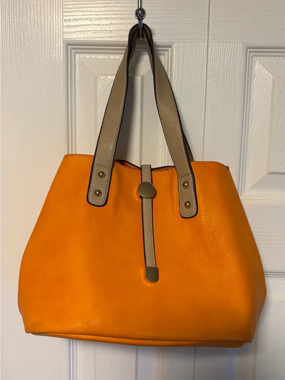 Pretty Orange Faux Leather Tote Bag with Taupe Handles with detachable pouch